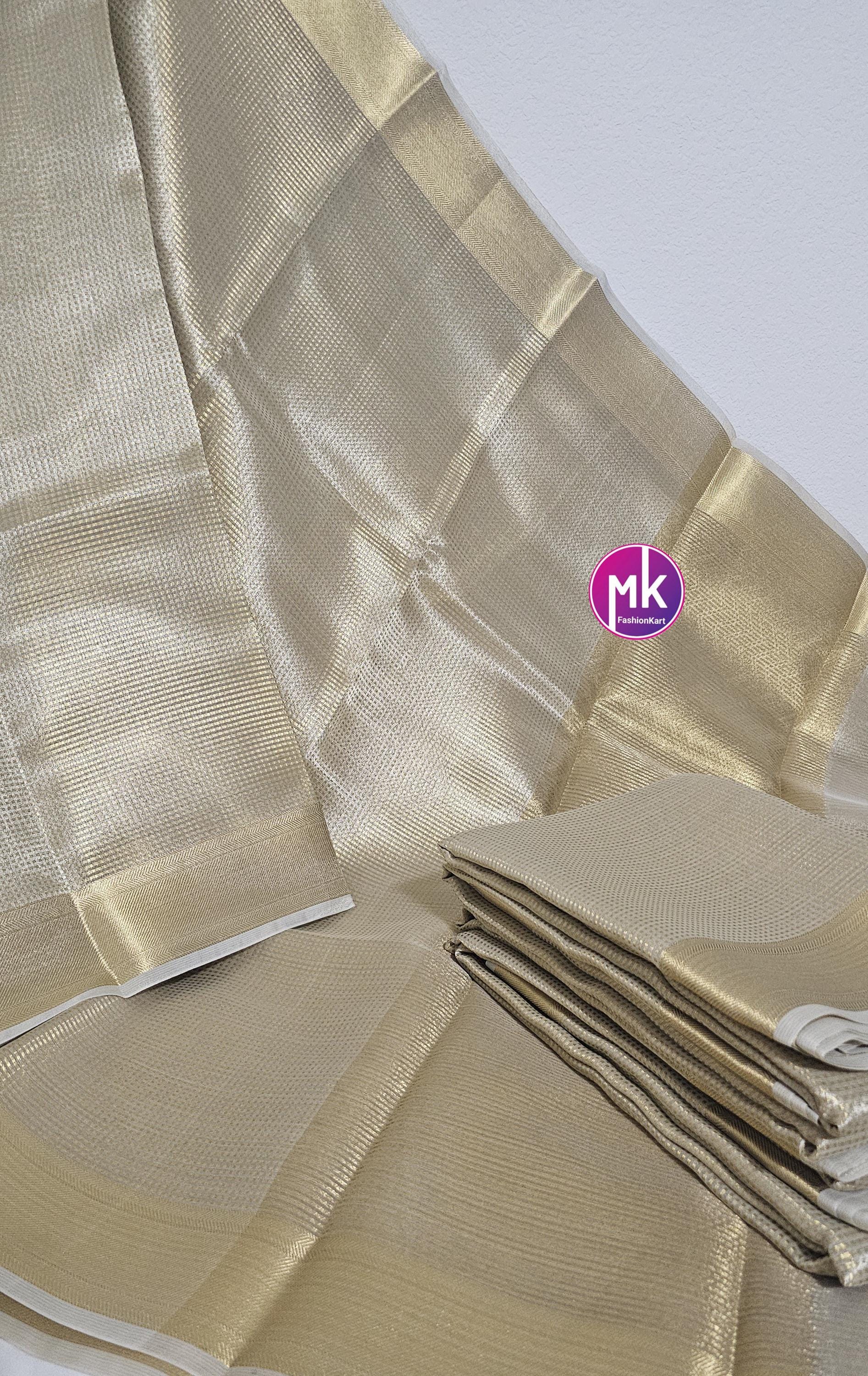 Celebrity Style (Nayantara Inspired) Banarasi Kanjeevaram inspired Brocade Tissue Silk Saree w embossed design w running blouse (unstitched)