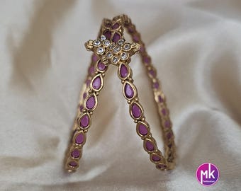 Matte gold finish Kemp and AD stones Bangles - Set of 2 bangles - Size 2.4, 2.6 and 2.8 - Fashion Jewelry - MK Fashionkart
