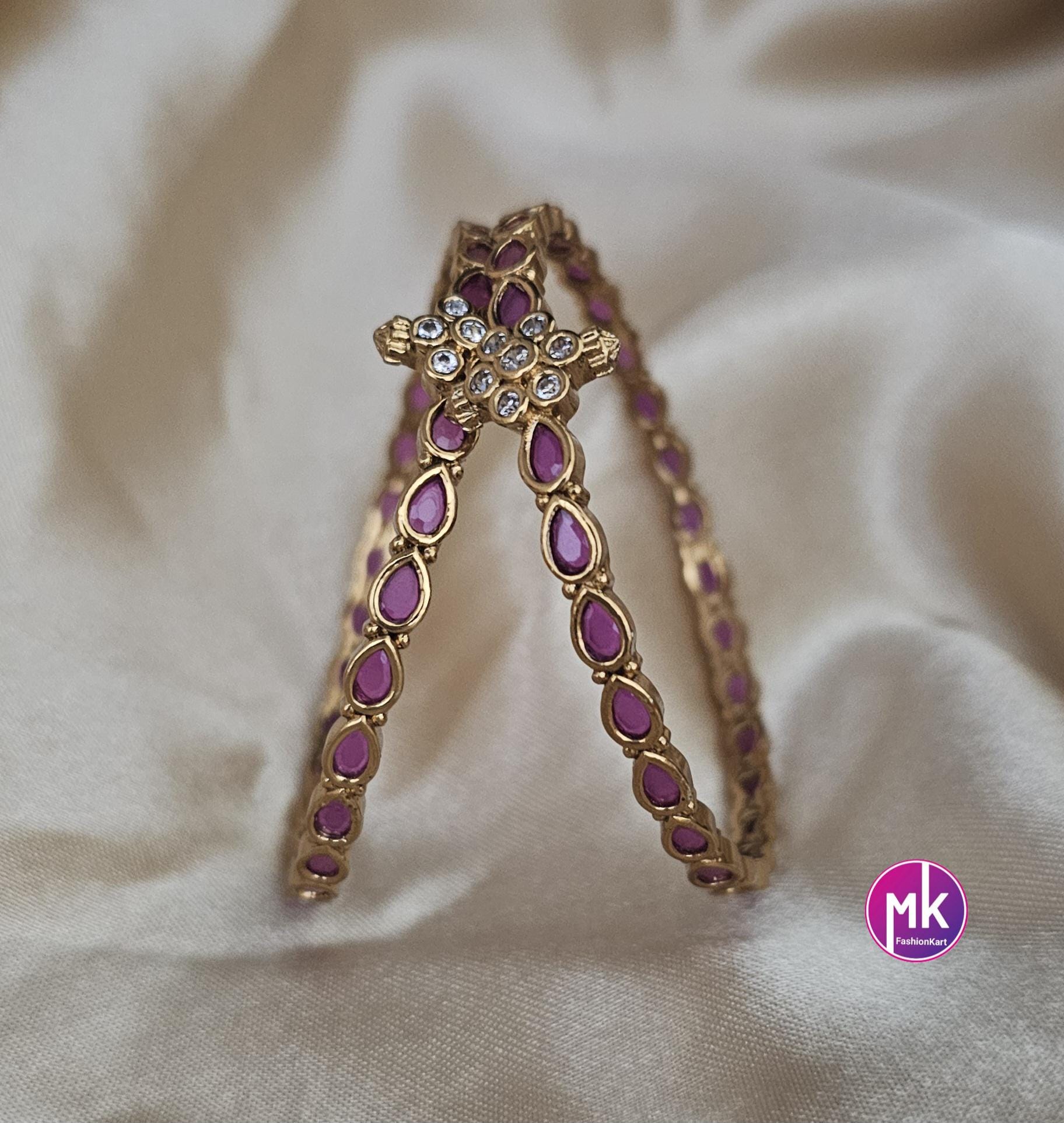 Matte gold finish Kemp and AD stones Bangles - Set of 2 bangles - Size 2.4, 2.6 and 2.8 - Fashion Jewelry - MK Fashionkart