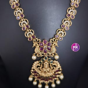 Lakshmi Peacock design Premium Quality Matte gold finish and Kemp/CZ stone Necklace w matching cute Earrings - Bridal Haram - MK Fashionkart