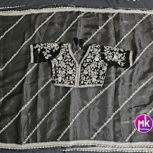 Shinning crystal silk sarees with sequence and zari embroidered all over saree with velvet embroidered readymade blouse - MK Fashionkart
