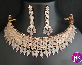 Rose gold Gorgeous AD Stone Bridal Choker w hanging precious bead and matching long Earrings - Bridal/Partywear choker -  Gold jewel Replica