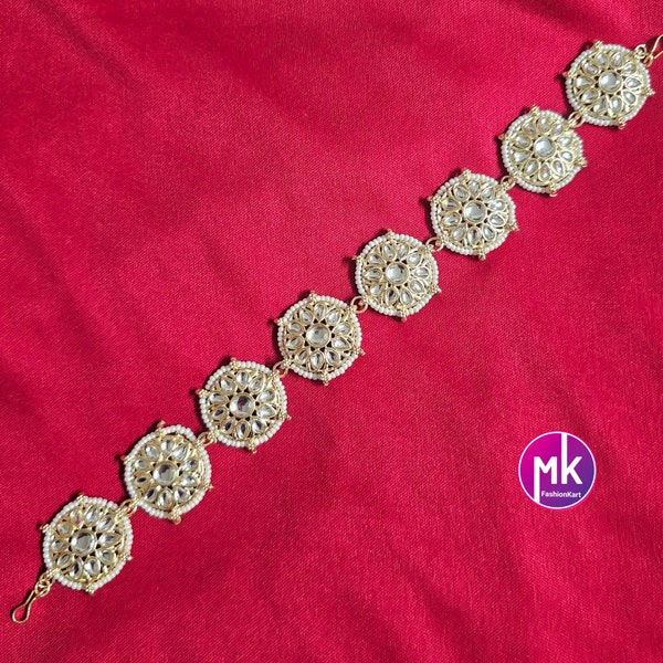 Bollywood style Gold plated Indian Sheesh phool Kundan chain Head Tiara Jewelry set - Head Band - Bridal Matha Patti - MK Fashionkart