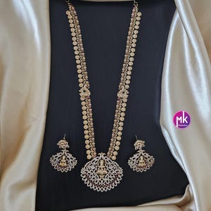 Lakshmi Peacock Premium quality Gold Jewelry Replica AD/CZ stone Haram with pendent with matching Earrings - Bridal Haram - MK Fashionkart