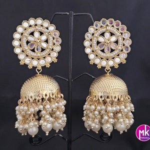 Bollywood Premium quality kundan piroyi Pearl big Jhumka with pearl hangings - MK Fashionkart - Fashion Jewelry