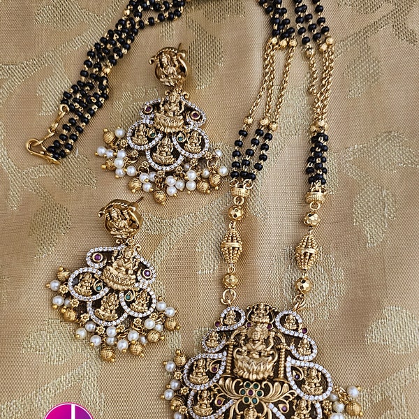 Lakshmi design premium quality Matte Gold finish Nagas design Mangalsutra Chain with matching Earrings - MK Fashionkart - Fashion Jewelry