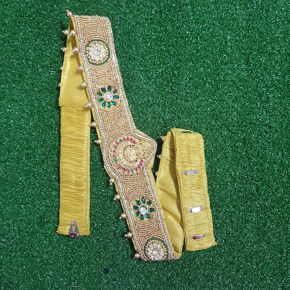 Lakshmi Aari Work Hip Belt With Stone Work and Hanging Golden