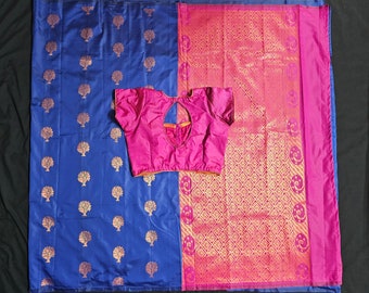 Arani soft silk saree big putta work rich pallu and contrast stitched Blouse - Blouse size 34 (Self alter Upto 38)