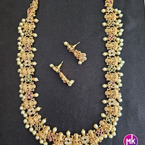 Lakshmi AD stone Premium Quality Matte gold finish Haram with matching Earrings - Bridal Haram - MK Fashionkart