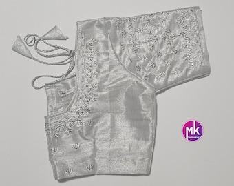Silver Color Readymade Saree Blouse - Silk with Embroidery blouse (BATCH 2) - Size 36 - Saree/Lehenga Blouse - MK Fashionkart