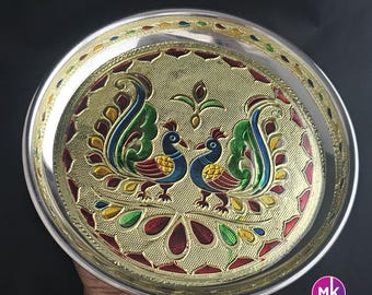 Meenakari Peacock/Flower design work steel plate - Housewarming Gift, Thambolam Plate, Pooja Gift, Return Gift, Navarathri gift, Diwali Gift