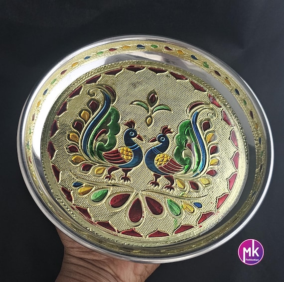 Meenakari Peacock/Flower design work steel plate - Housewarming Gift, Thambolam Plate, Pooja Gift, Return Gift, Navarathri gift, Diwali Gift