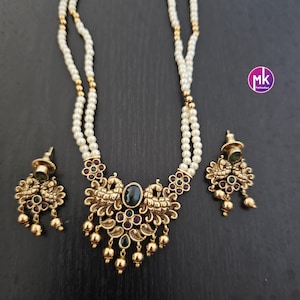 Peacock Matte gold finish Pendent with long Mala with cute Earrings - Fashion Jewelry - MK Fashionkart