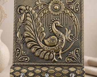 Peacock/Elephant design Wooden Brass Antique coating less weight hook/key holder House warming Gift, Pooja return gift - MK Fashionkart