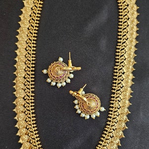 Peacock Kasu Premium Quality Matte gold finish long Haram with matching Jhumka - Bridal Haram - Gold Jewelry Replica - MK Fashionkart