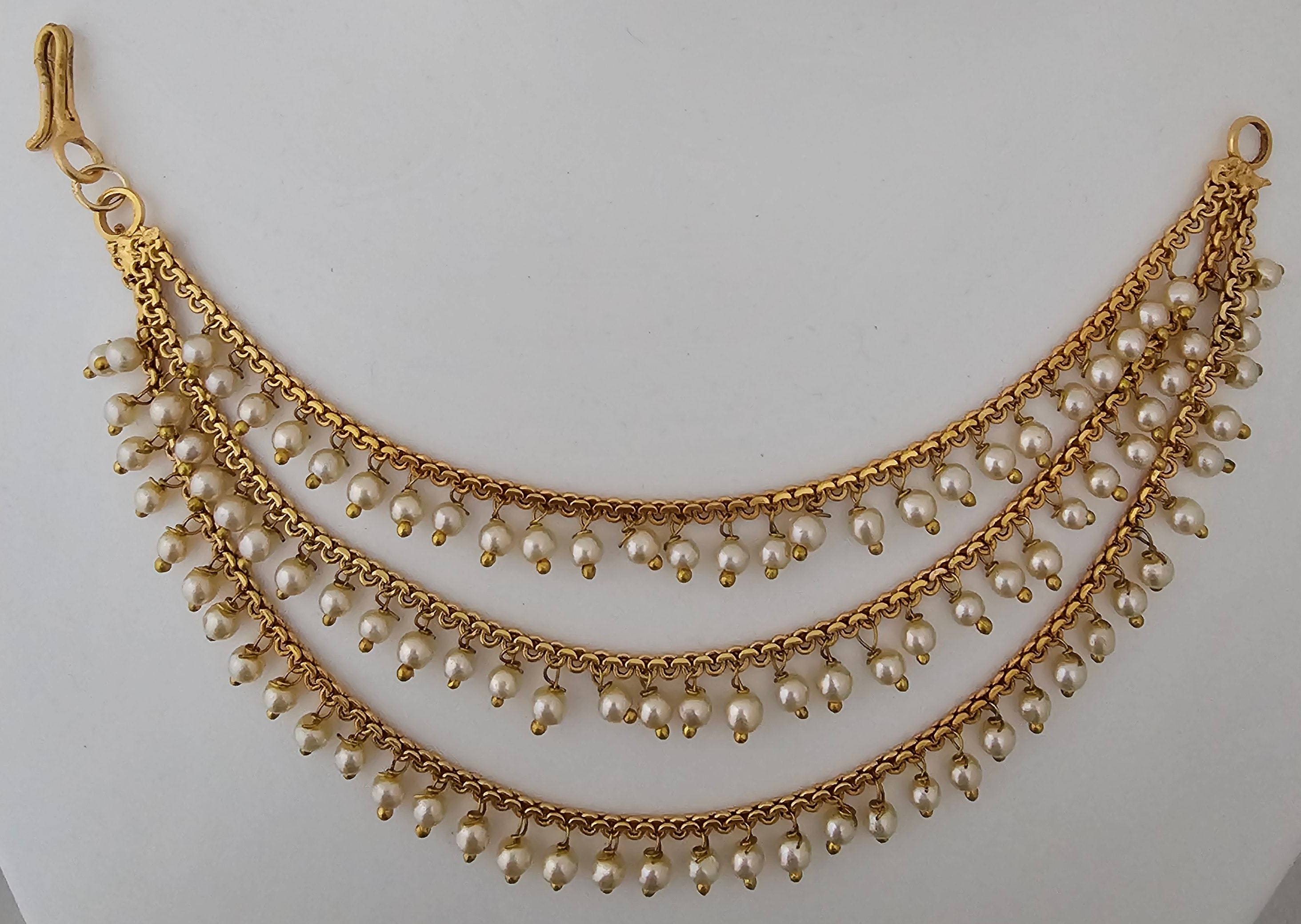 Gold finish Jhumka Chain Earring chain Earring Mattal Matti Three layer pearl Mattal Matti Kaan chain MK Fashionkart Fashion Jewelry