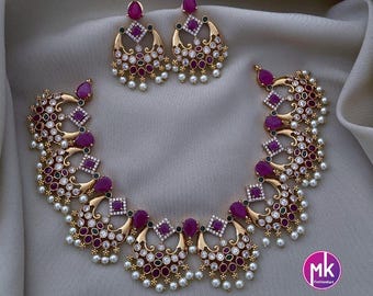 Premium Quality gold finish beautiful chandbali design AD stone Necklace with matching Earrings - MK Fashionkart - Fashion Jewelry