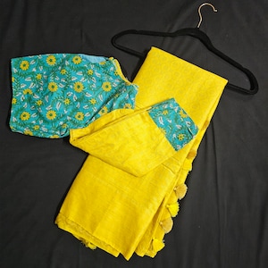 Vogue Magil Brocade Linen Silk Yellow Saree with Blue Boutique blouse- Saree  with stitched blouse - Blouse size 40