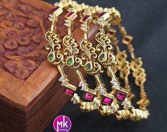 Peacock Premium Matte gold finish AD Multi-color stone Bangles - Set of 4 bangles - Size 2.4, 2.6 and 2.8 - Fashion Jewelry - MK Fashionkart