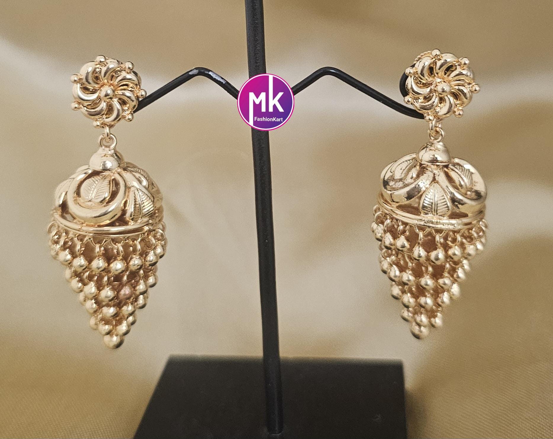 Beautiful Gold finish Multi-layer big Jhumka with hanging gold beads - Gold Jewelry Inspired Jhumka - MK Fashionkart - Fashion Jewelry