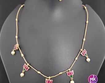 Lotus Meenakari work trendy simple Necklace with matching Earrings - Fashion Jewelry - Mk Fashionkart