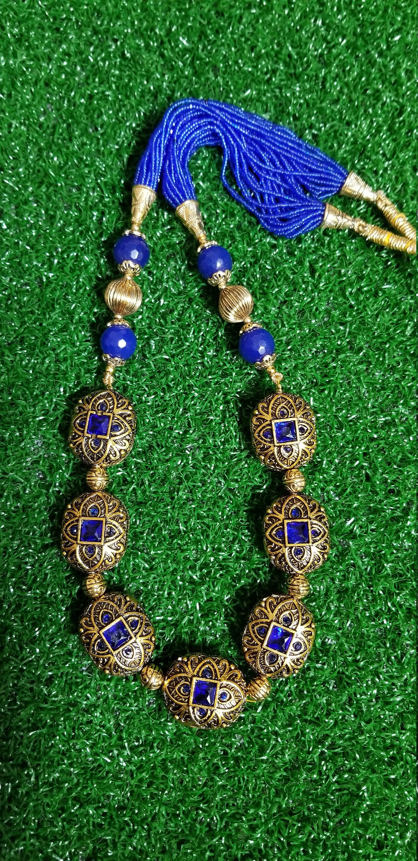 Blue Stone Antique bead with Blue beaded chain MK