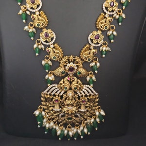Lakshmi Peacock Premium quality Gold Jewelry Replica Haram with Precious green bead hangings with matching Earrings - MK Fashionkart