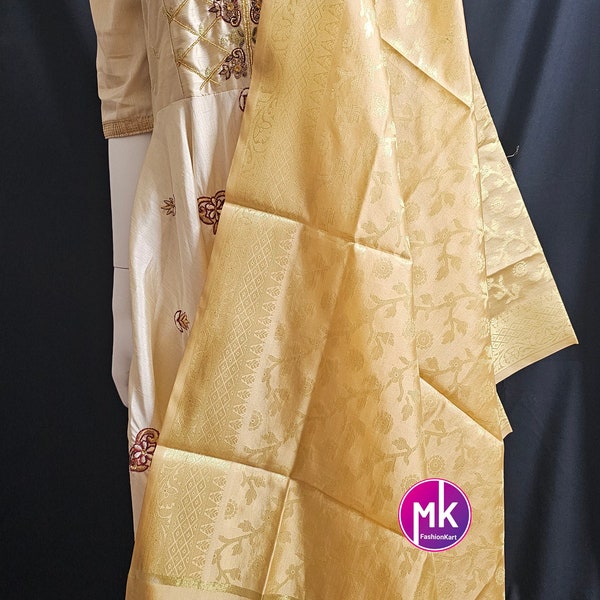 Banarasi Silk Gold color Dupatta with floral weaving - MK Fashionkart