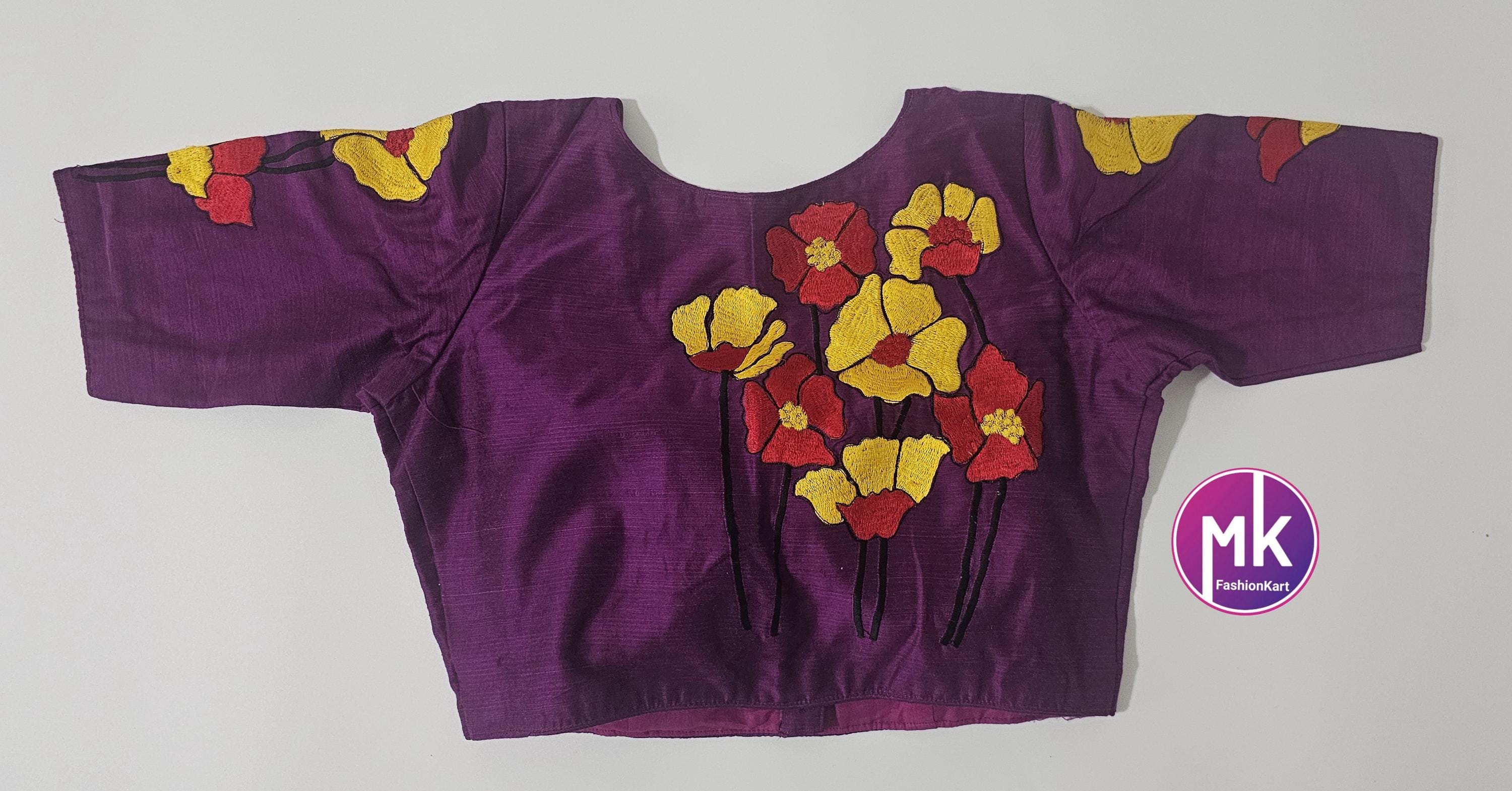 Readymade Saree Blouse - Raw silk with Floral Embroidered Blouses with princess cut for Saree/Lehenga - Blouse size 36 - MK Fashionkart