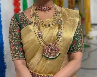 Celebrity Style Golden Soft tissue silk saree w rich pallu - Saree w running blouse (unstitched) - Beautiful Golden Saree - MK Fashionkart