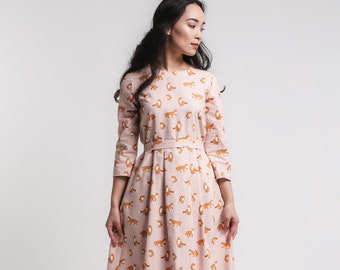 dusty pink midi dress fox print romantic dresses midi length garden party tea lenght dress mori girl dress 50s 60s - Garden Party Dress dusty pink midi dress fox print romantic dresses midi length garden party tea lenght dress mori girl dress 50s 60s - Garden Party Dress