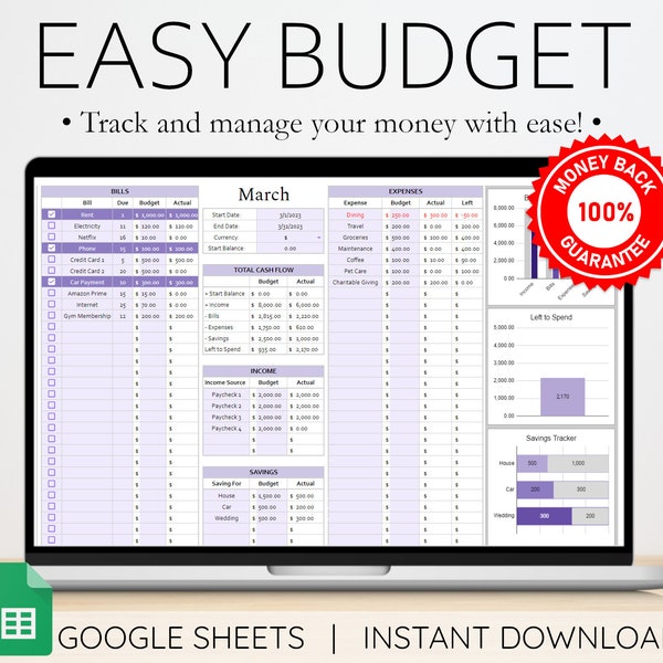 Monthly Budget Spreadsheet Google Sheets Budget Template Expense Tracker Digital Budget Planner Monthly Bill Tracker Financial Organizer