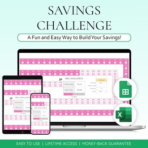May include: A digital savings challenge displayed on a laptop, tablet, and smartphone. The screens show a pink and white savings tracker with the text "SAVINGS CHALLENGE" and "A Fun and Easy Way to Build Your Savings!"