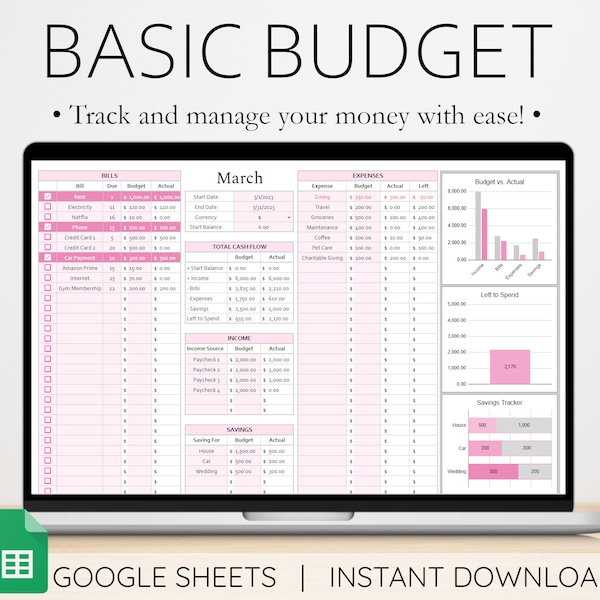 Monthly Budget Spreadsheet Google Sheets Budget Template Expense Tracker Digital Budget Planner Monthly Bill Tracker Financial Organizer