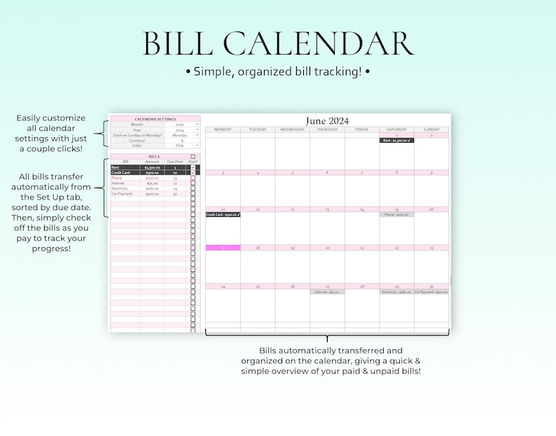 Fakturakalender Fakturaplanerare Utgiftsspårare Fakturaorganisatör Budgetkalkylblad Månadsfakturaspårare Finansiell planerare Google Sheets Excel bild 5