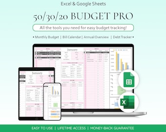 50/30/20 Budget Spreadsheet w/ Bill Calendar, Annual Overview, Debt Payoff Tracker, Sinking Funds Tracker, and Net Worth Tracker