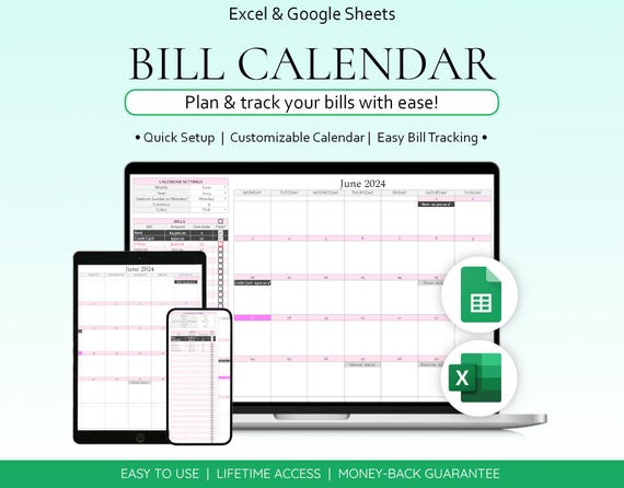 Bill Calendar Bills Planner Expense Tracker Bill Organizer Budget Spreadsheet Monthly Bill Tracker Financial Planner Google Sheets Excel