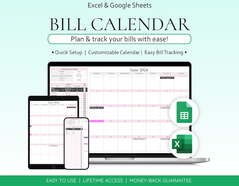Fakturakalender Fakturaplanerare Utgiftsspårare Fakturaorganisatör Budgetkalkylblad Månadsfakturaspårare Finansiell planerare Google Sheets Excel bild 1