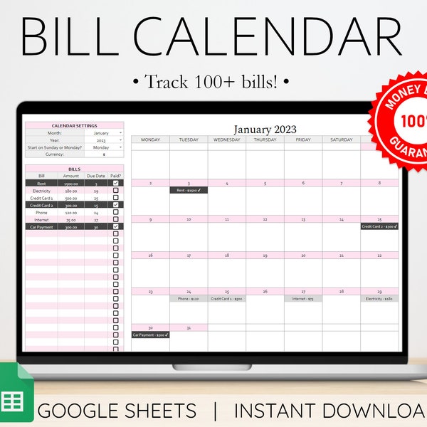 Bill Calendar Bills Planner Expense Tracker Bill Organizer Budget Spreadsheet Monthly Bill Tracker Financial Planner Google Sheets