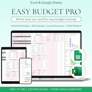 May include: A laptop, tablet, and smartphone display a budget spreadsheet with pink and white columns. The image promotes "EASY BUDGET PRO" for Excel and Google Sheets, with features like monthly budget and debt tracking. Green icons for Excel and Google Sheets are also visible.