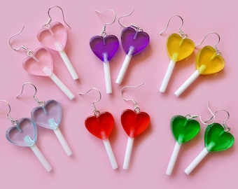 Colourful Heart Lollipop Earrings | 925 Sterling Silver Hooks | Candy | Sweets | Jewellery | Resin | Novelty