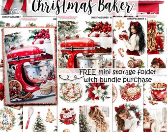 May include: A collage of Christmas-themed baking illustrations. The central image features a red stand mixer, surrounded by images of baked goods, Christmas trees, and women baking. Text includes "Christmas Baker" and "FREE mini storage folder with bundle purchase."