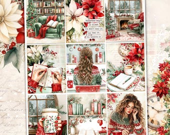 May include: A Christmas Planner sticker sheet with watercolor illustrations. The sheet features images of poinsettias, cozy interiors, and people writing. The text "Christmas magic is silent" is visible. The color palette includes red, green, and white.