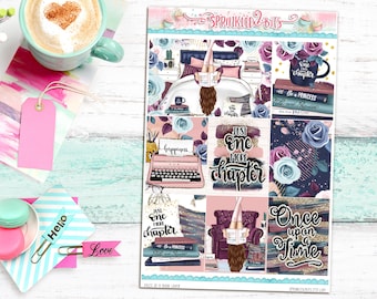 May include: A set of nine planner stickers featuring a book lover theme. The stickers are in a variety of colors, including pink, blue, and gold. The stickers feature illustrations of books, coffee cups, and a typewriter. The stickers also include text such as "Just one more chapter" and "Once upon a time".
