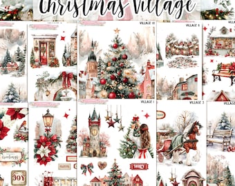 May include: A collection of watercolor illustrations featuring a Christmas Village theme. The images include snow-covered buildings, decorated Christmas trees, and festive decorations. The text "Christmas Village" is displayed at the top.
