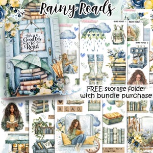 Könnte beinhalten: Eine Sammlung von Aquarellillustrationen zum Thema Regentag. Die Bilder zeigen Bücherstapel, Regenschirme und lesende Personen. Der Text "Rainy Reads" und "It's a Good Day to Read" ist sichtbar. Die Farbpalette besteht aus sanften Blau-, Grün- und Gelbtönen.