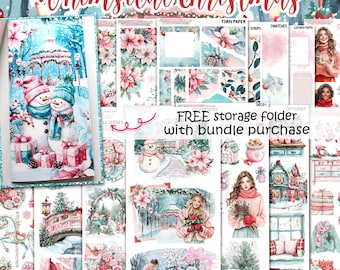May include: A collection of whimsical Christmas-themed planner stickers and decorative elements. The designs feature snowmen, floral arrangements, and winter scenes in shades of pink, blue, and white. Text includes "Whimsical Christmas" and "FREE storage folder with bundle purchase."