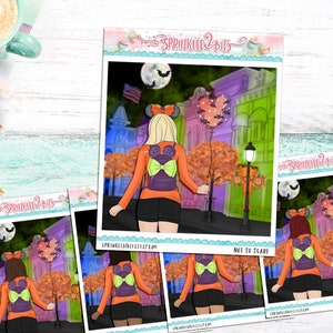 May include: A digital illustration of a person wearing a purple and green backpack with a Minnie Mouse bow and ears. The person is walking down a street at night with a Mickey Mouse balloon. The street is decorated with fall leaves and pumpkins. The text "Not So Scary" is visible in the image.