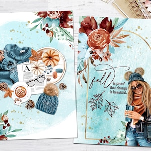 May include: A blue and white watercolour background with autumn-themed illustrations. One side features a cosy scene with a cup of coffee, a book, and a knitted jumper. The other side features a woman in a stylish outfit with the text "fall is proof that change is beautiful."