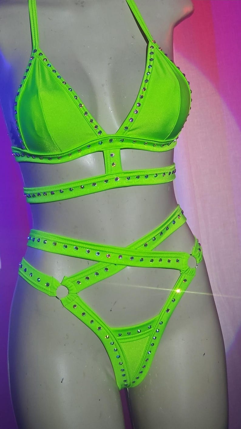 Body Cage Two‑Piece Double Strap Thong and Top Exotic Rhinestone image 2